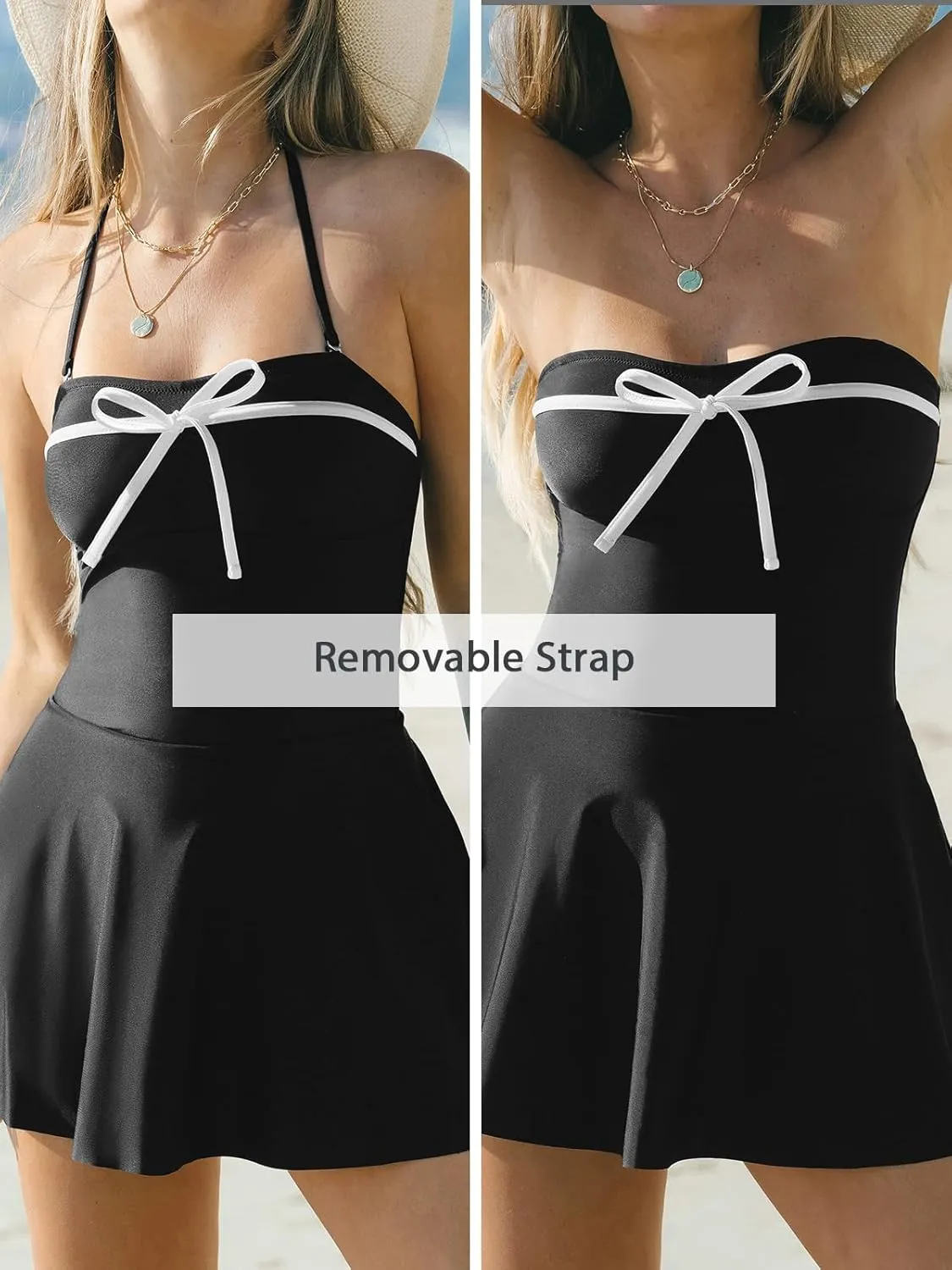 CUPSHE Women One Piece Swimsuit Swim Dress Sweetheart Neck Color Block Bandeau Bathing Suit Removable Straps