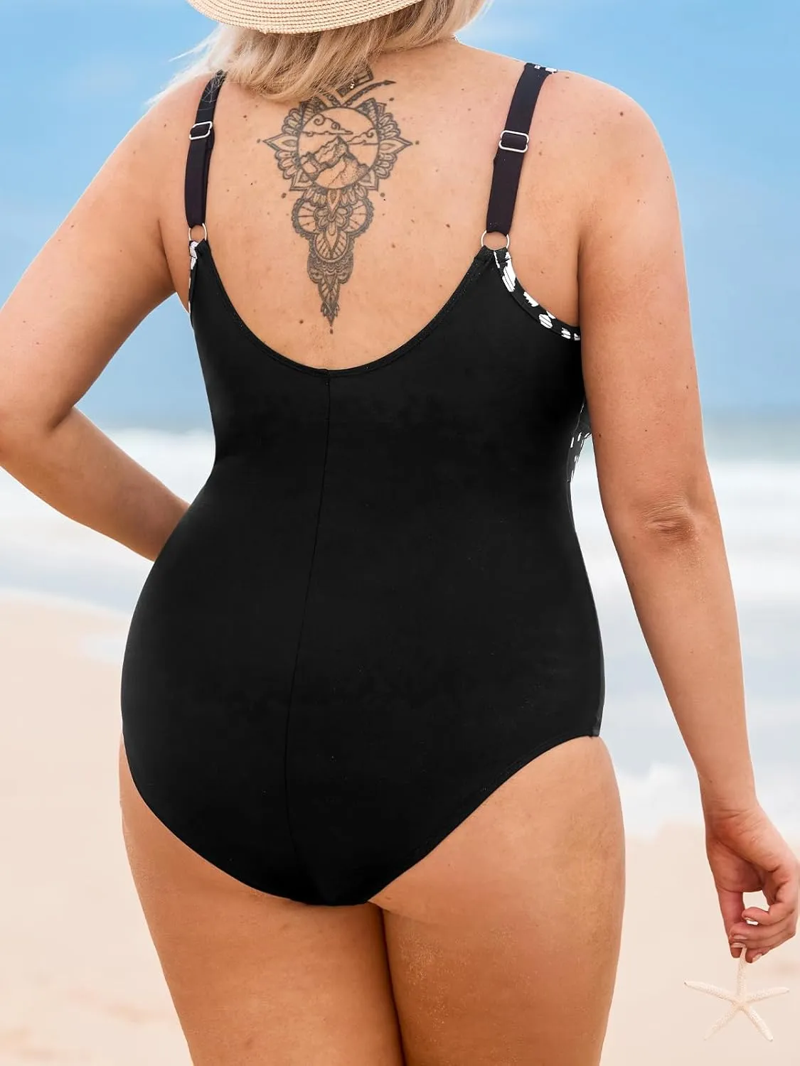 CUPSHE Women Plus Size One Piece Swimsuit V Neck Mesh Sheer Tummy Control Bathing Suit with Adjustable Wide Straps