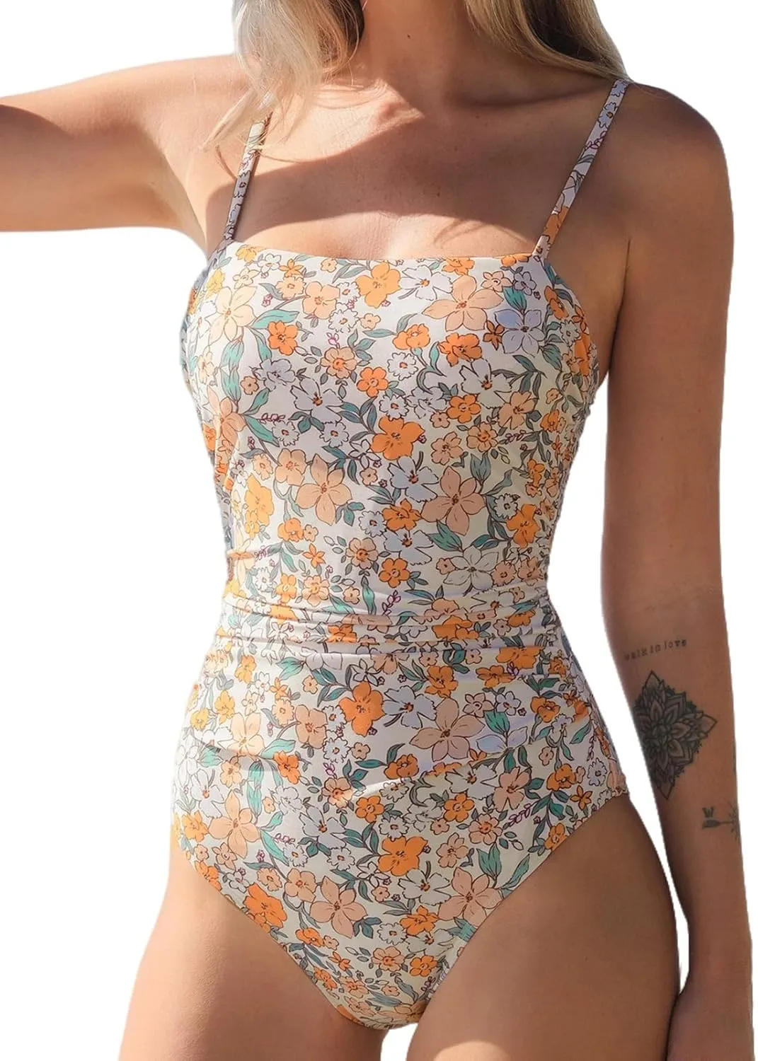 CUPSHE Women Swimsuit One Piece Bathing Suit Square Neck Cutout Back Tummy Control with Adjustable Spaghetti Straps