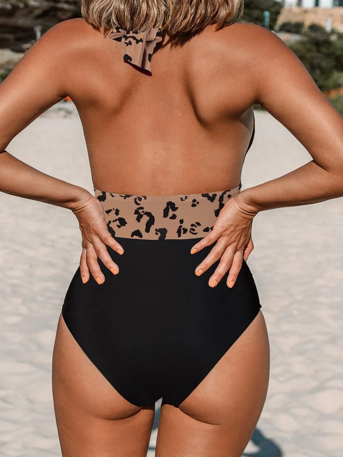 CUPSHE Women V Neck One Piece Swimsuit Halter Backless Ruched Tummy Control Bathing Suit