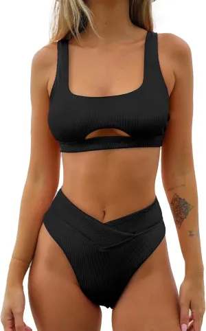 CUPSHE Women's Bikini Sets Two Piece Swimsuit High Waisted Square Neck Cutout Wide Straps Tank High Cut Cheeky Bottom