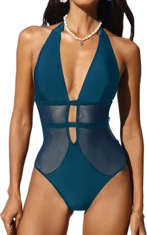 CUPSHE Women's One Piece Swimsuit Bathing Suit Deep V Neck Halter Back Tie Mesh Swimwear