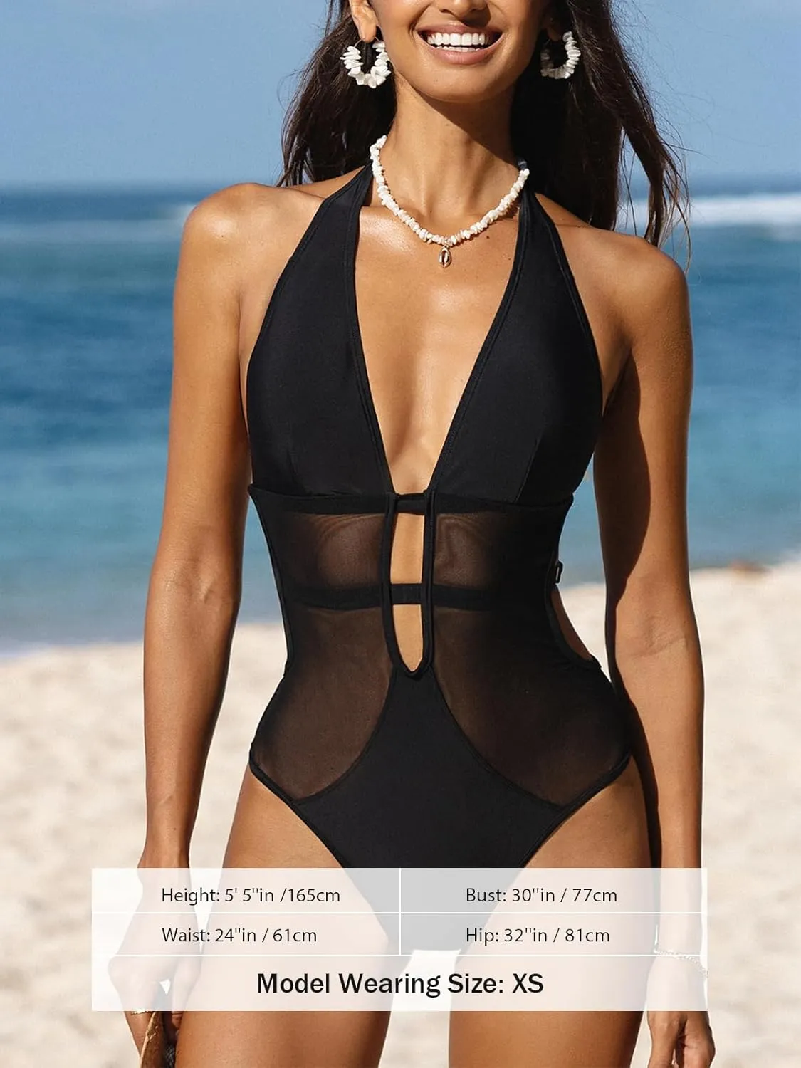 CUPSHE Women's One Piece Swimsuit Bathing Suit Deep V Neck Halter Back Tie Mesh Swimwear