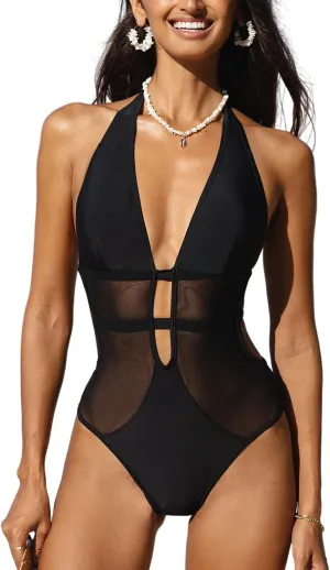 CUPSHE Women's One Piece Swimsuit Bathing Suit Deep V Neck Halter Back Tie Mesh Swimwear