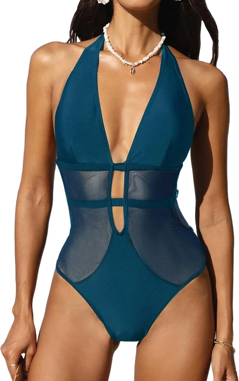 CUPSHE Women's One Piece Swimsuit Bathing Suit Deep V Neck Halter Back Tie Mesh Swimwear
