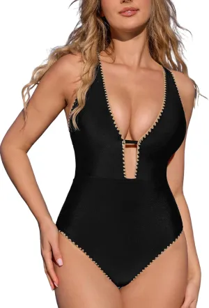 CUPSHE Women's One Piece Swimsuit Bathing Suit Plunging Neck Cutout Back Crisscross O Ring Stitching