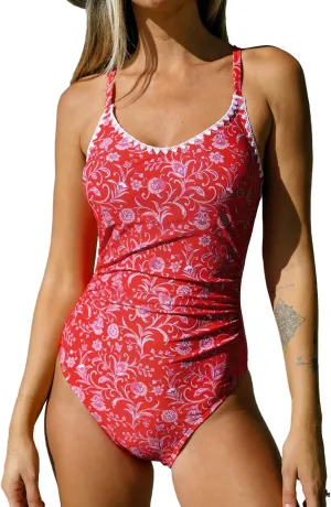 CUPSHE Women's One Piece Swimsuit Bathing Suit Scoop Neck Back Tie Shell Stitch Ruched Swimwear