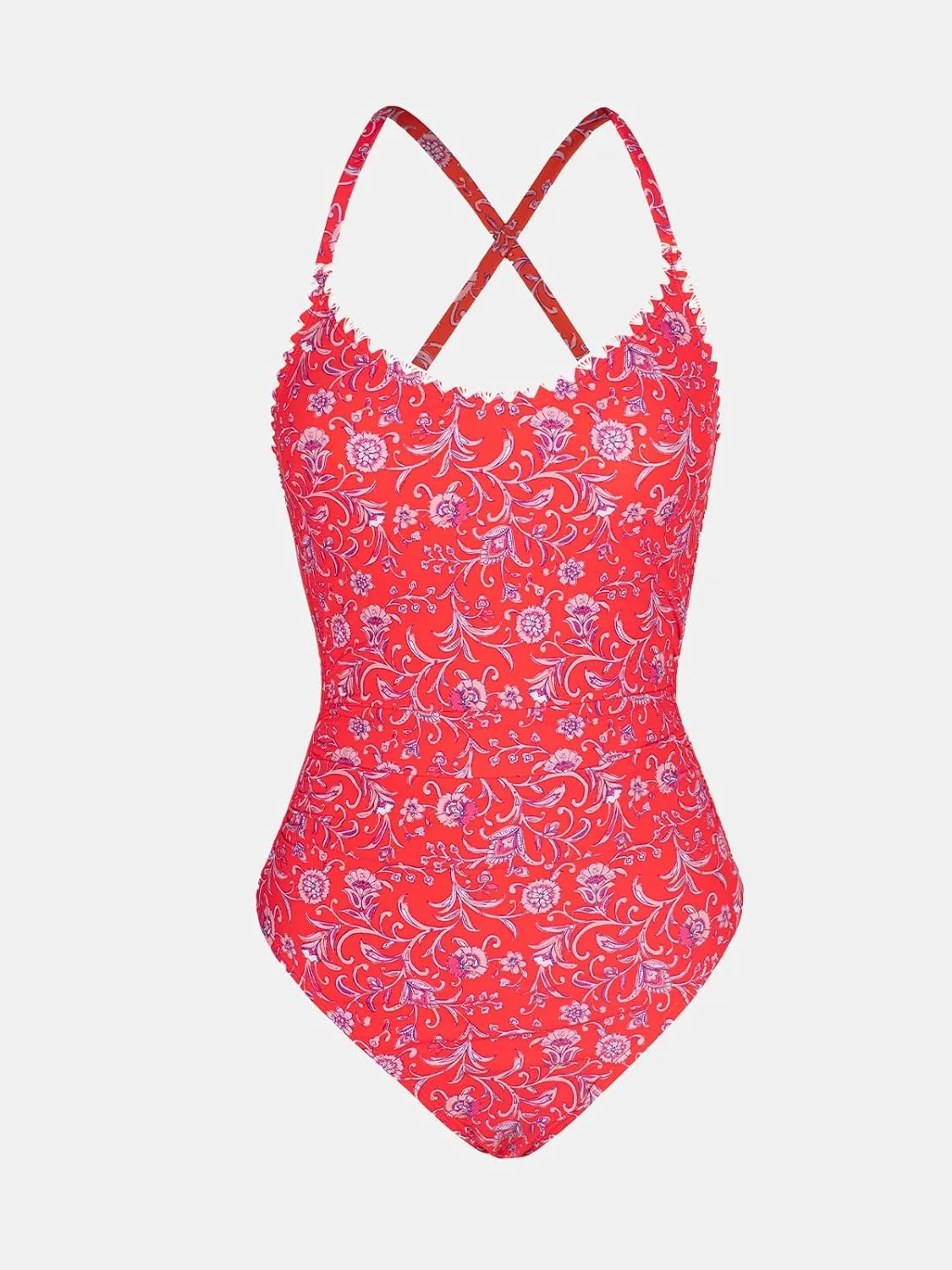 CUPSHE Women's One Piece Swimsuit Bathing Suit Scoop Neck Back Tie Shell Stitch Ruched Swimwear