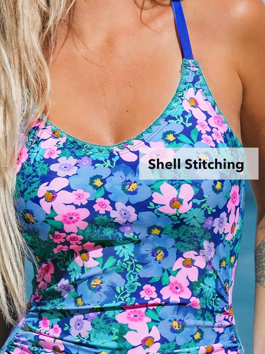 CUPSHE Women's One Piece Swimsuit Bathing Suit Scoop Neck Back Tie Shell Stitch Ruched Swimwear