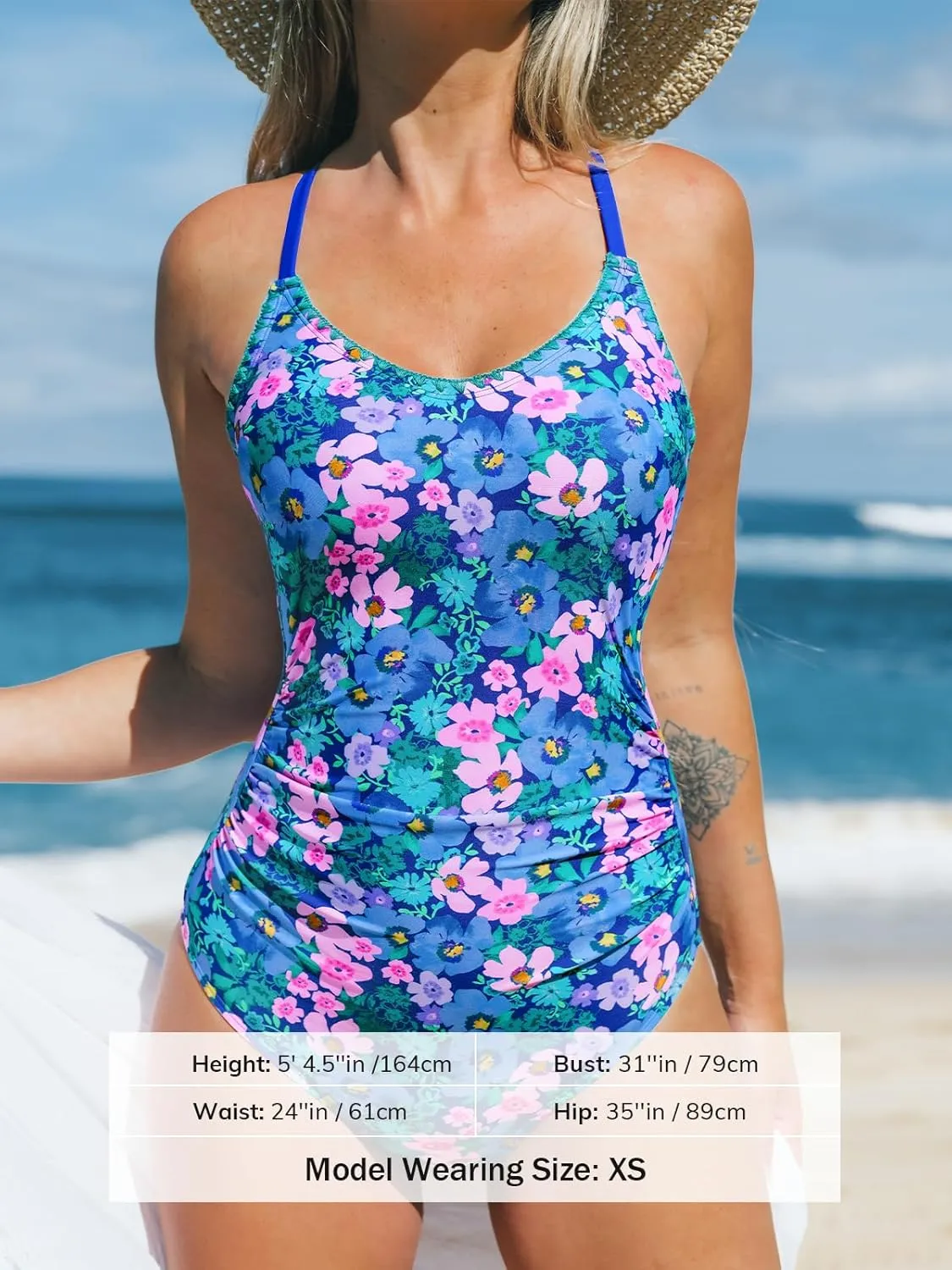 CUPSHE Women's One Piece Swimsuit Bathing Suit Scoop Neck Back Tie Shell Stitch Ruched Swimwear