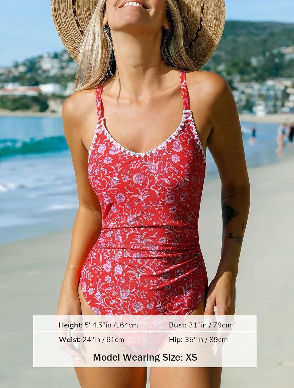 CUPSHE Women's One Piece Swimsuit Bathing Suit Scoop Neck Back Tie Shell Stitch Ruched Swimwear