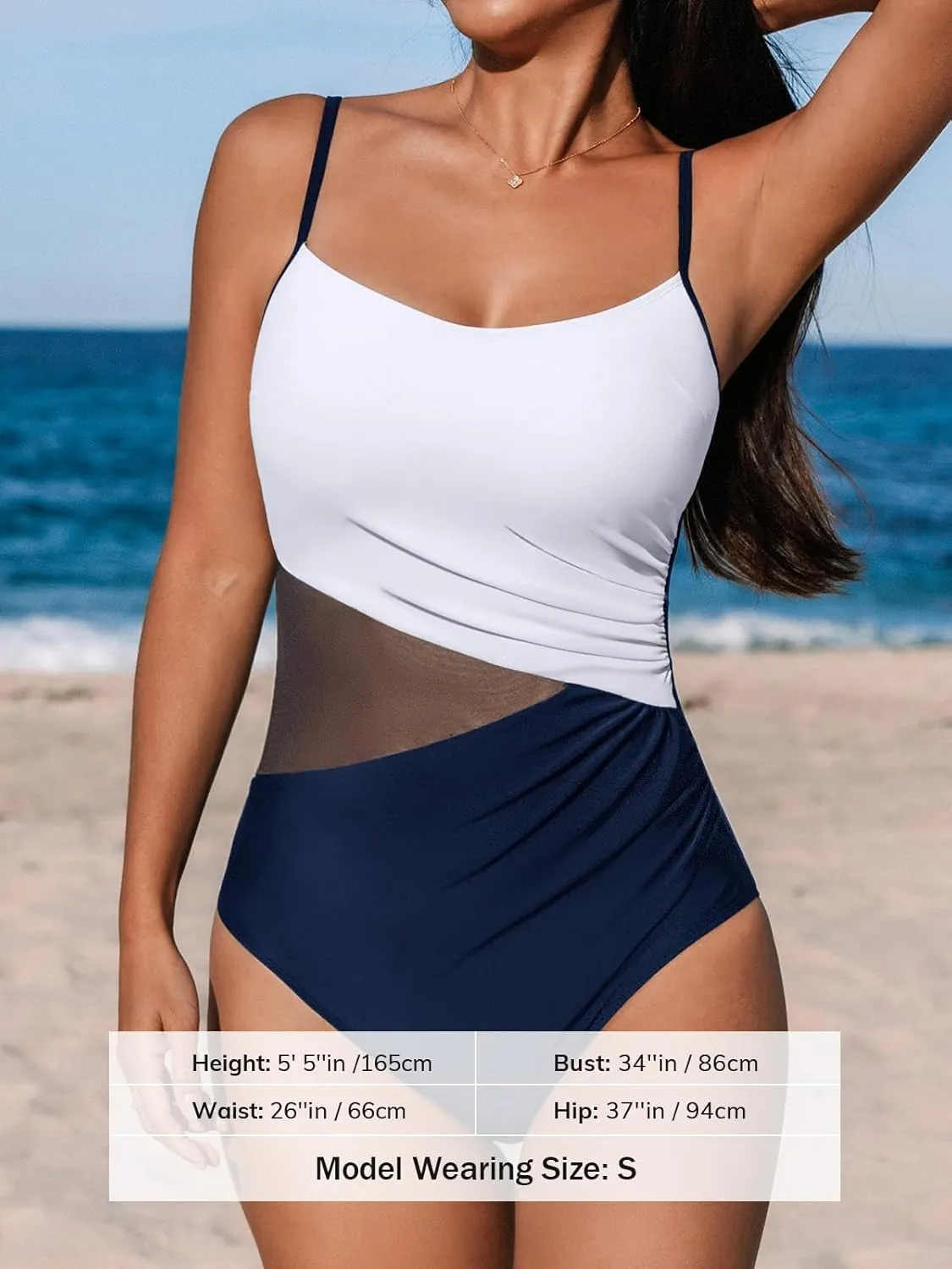 CUPSHE Women's One Piece Swimsuit Bathing Suit Scoop Neck Cutout Back Hook Color Block Mesh Swimwear