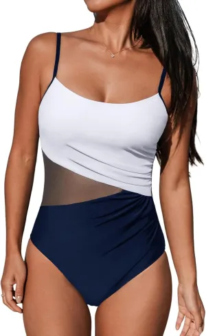 CUPSHE Women's One Piece Swimsuit Bathing Suit Scoop Neck Cutout Back Hook Color Block Mesh Swimwear