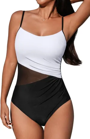CUPSHE Women's One Piece Swimsuit Bathing Suit Scoop Neck Cutout Back Hook Color Block Mesh Swimwear
