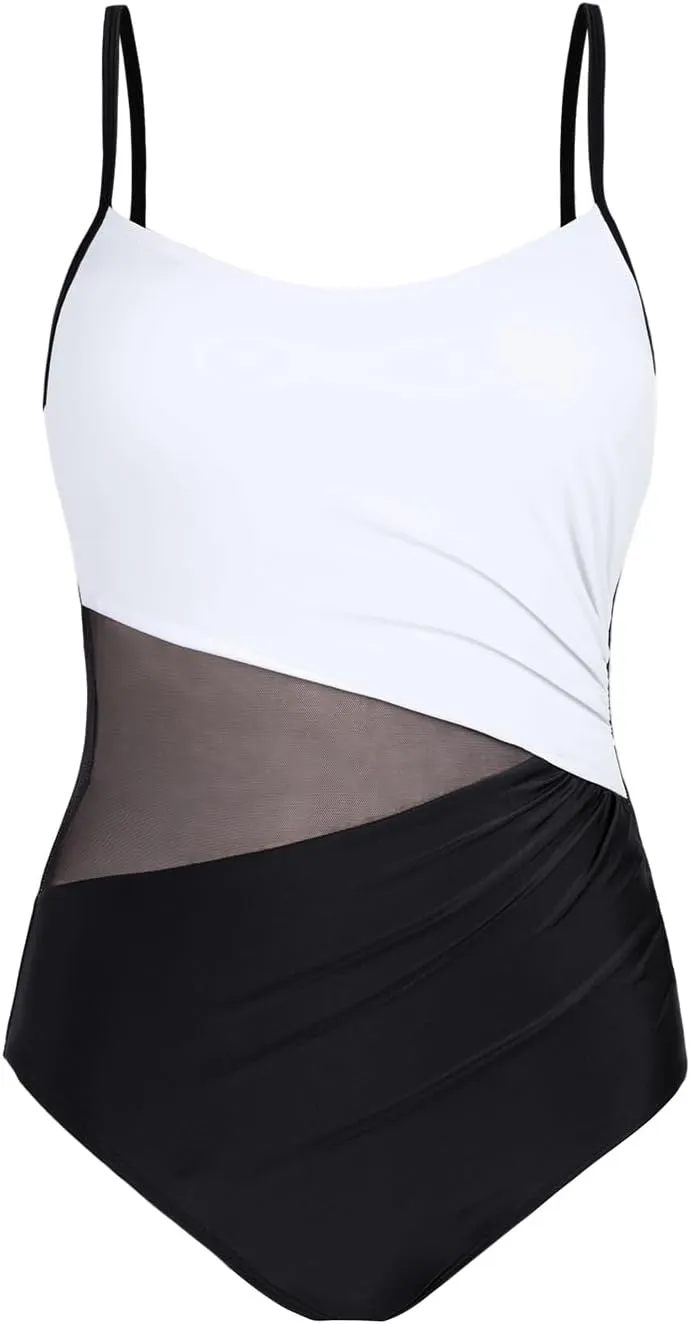 CUPSHE Women's One Piece Swimsuit Bathing Suit Scoop Neck Cutout Back Hook Color Block Mesh Swimwear
