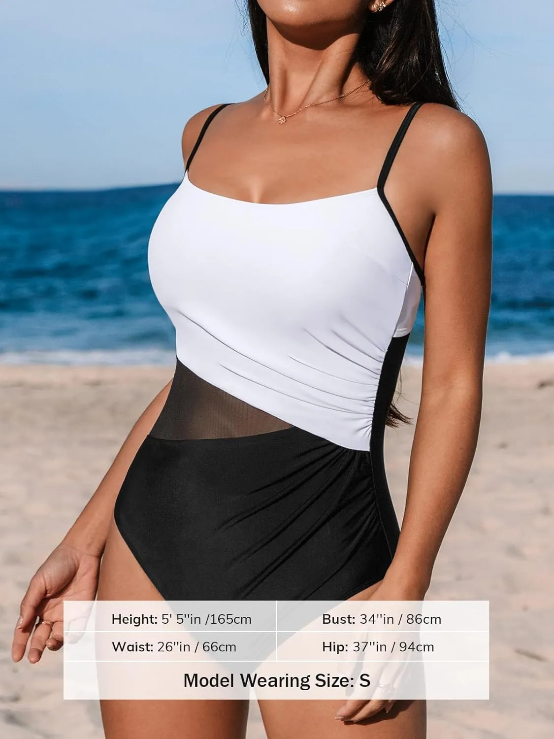 CUPSHE Women's One Piece Swimsuit Bathing Suit Scoop Neck Cutout Back Hook Color Block Mesh Swimwear