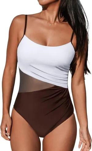 CUPSHE Women's One Piece Swimsuit Bathing Suit Scoop Neck Cutout Back Hook Color Block Mesh Swimwear
