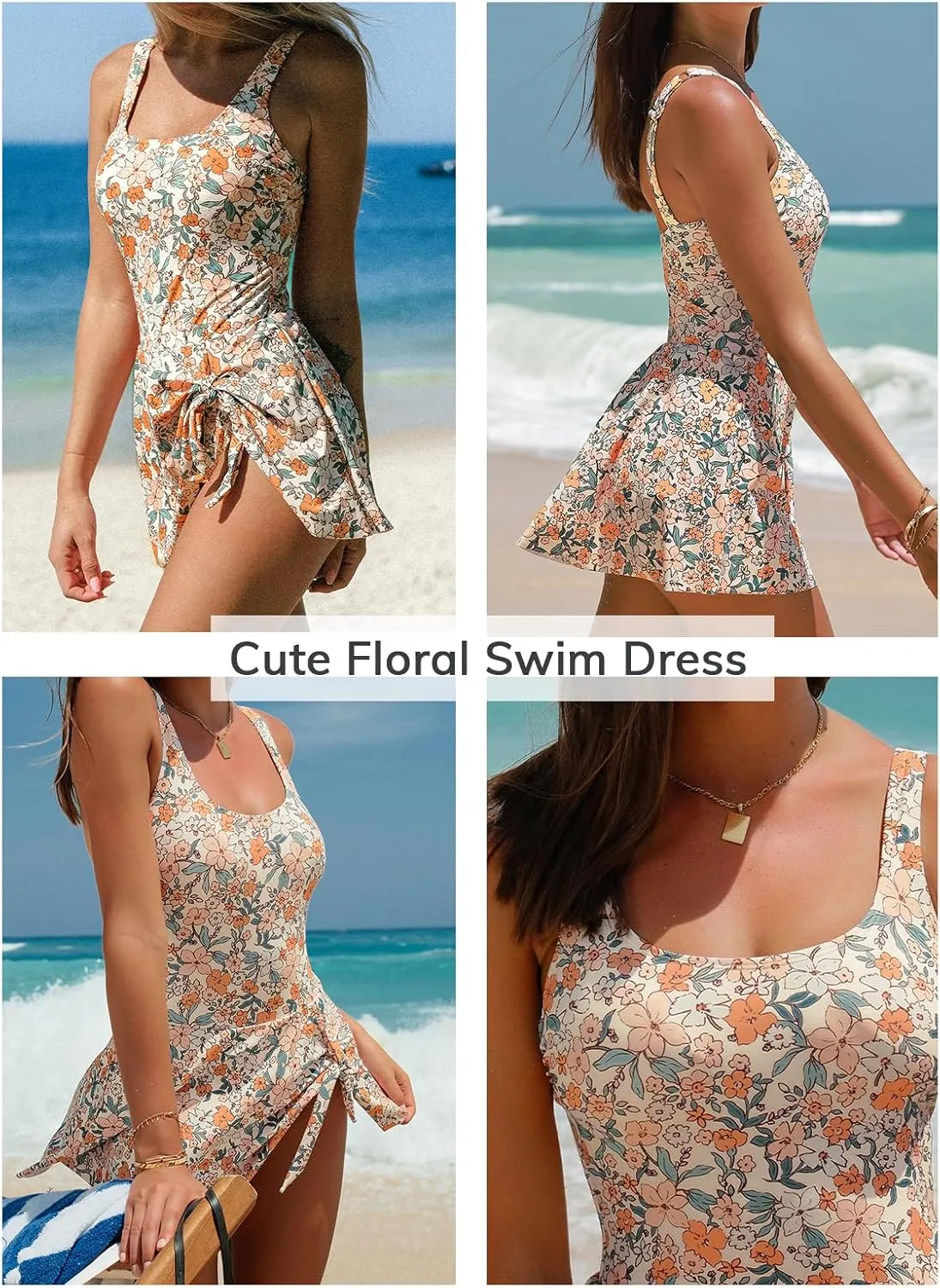 CUPSHE Women's One Piece Swimsuit Bathing Suit Scoop Neck Swimdress Wide Straps Tie Knot Swim Skirt
