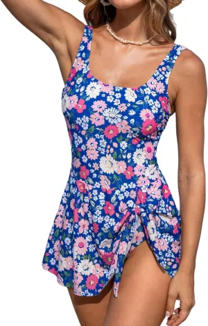 CUPSHE Women's One Piece Swimsuit Bathing Suit Scoop Neck Swimdress Wide Straps Tie Knot Swim Skirt