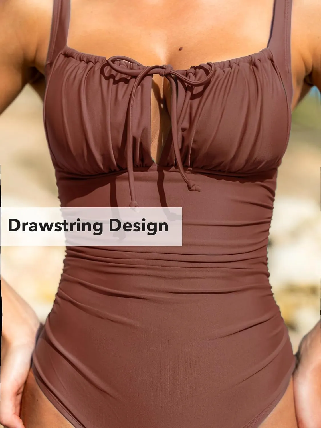 CUPSHE Women's One Piece Swimsuit Bathing Suit Square Neck Back Cut Out Drawstring Self Tie Back Hook