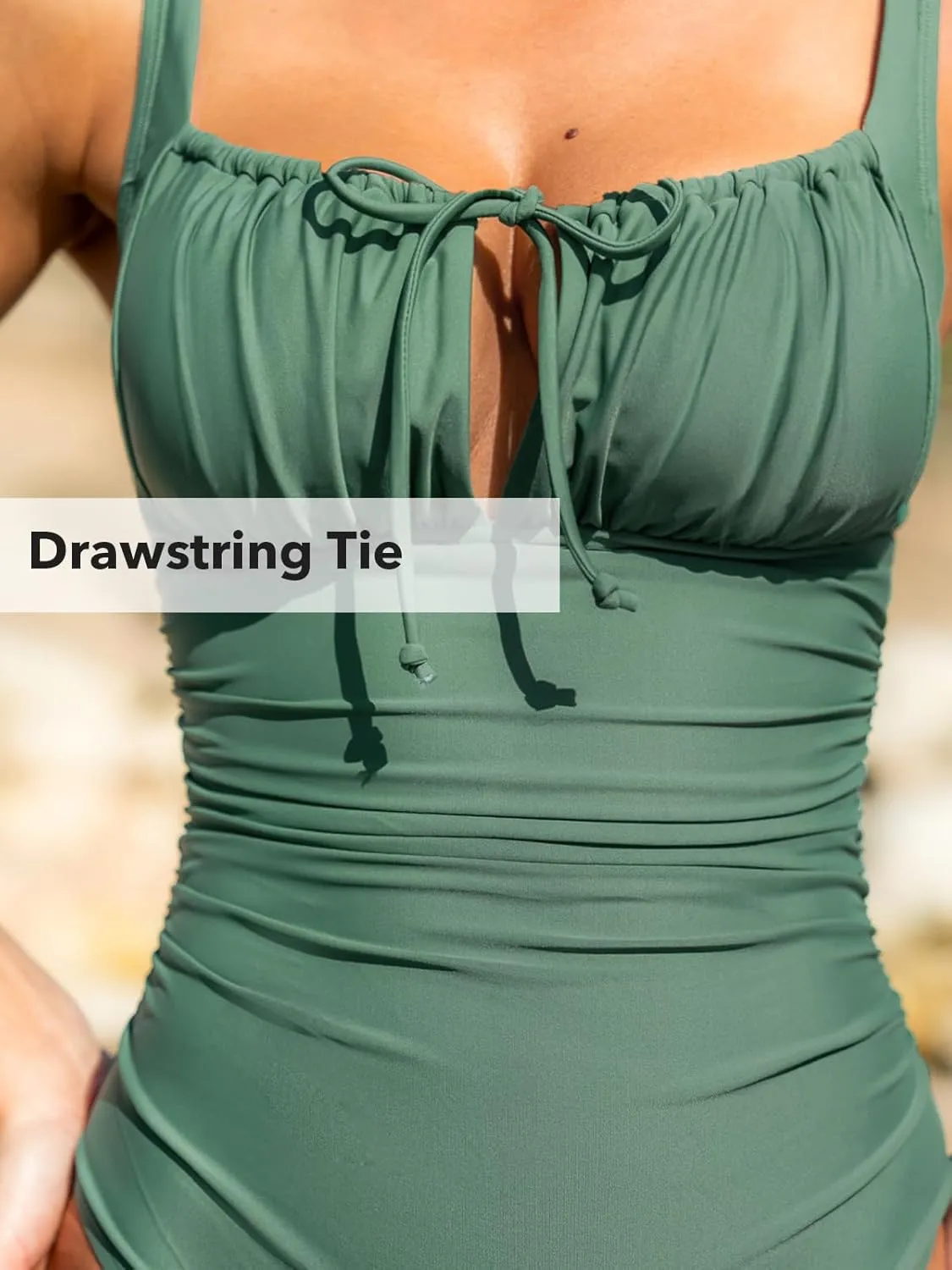 CUPSHE Women's One Piece Swimsuit Bathing Suit Square Neck Back Cut Out Drawstring Self Tie Back Hook