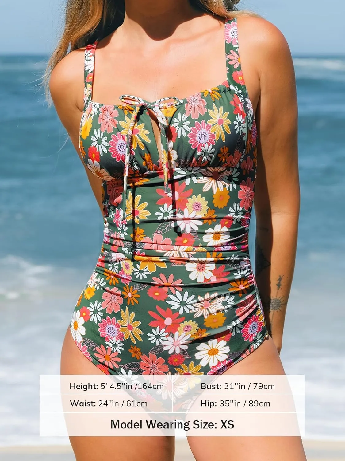 CUPSHE Women's One Piece Swimsuit Bathing Suit Square Neck Back Cut Out Drawstring Self Tie Back Hook
