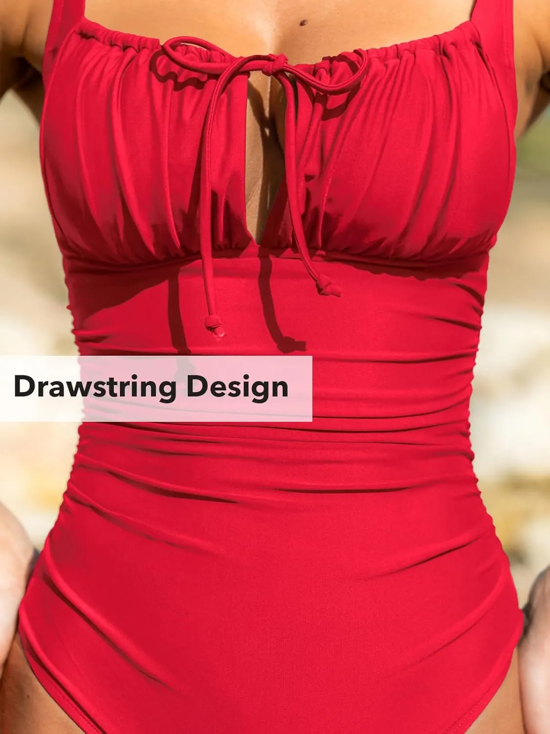 CUPSHE Women's One Piece Swimsuit Bathing Suit Square Neck Back Cut Out Drawstring Self Tie Back Hook