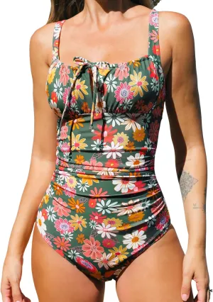 CUPSHE Women's One Piece Swimsuit Bathing Suit Square Neck Back Cut Out Drawstring Self Tie Back Hook