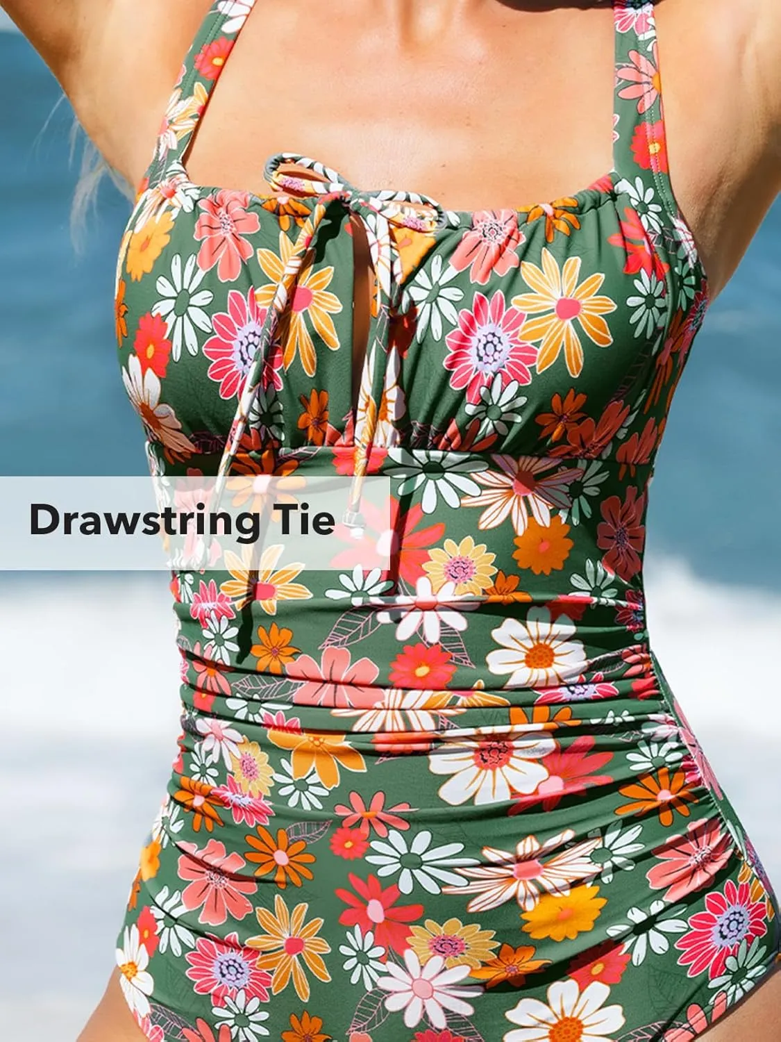 CUPSHE Women's One Piece Swimsuit Bathing Suit Square Neck Back Cut Out Drawstring Self Tie Back Hook