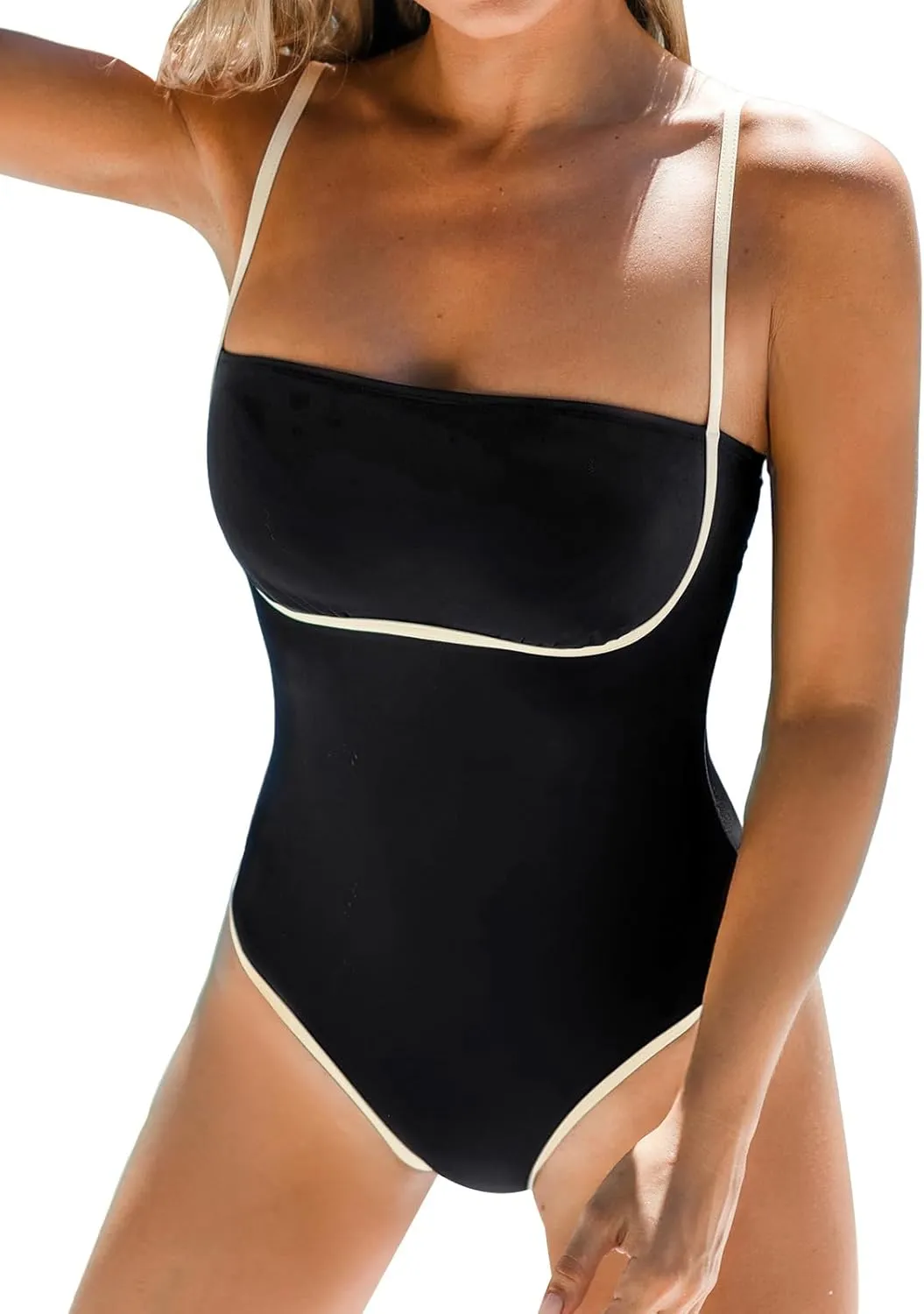 CUPSHE Women's One Piece Swimsuit Bathing Suit Square Neck Cutout Back Hook Color Block Cheeky Bottom