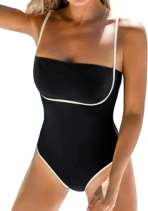 CUPSHE Women's One Piece Swimsuit Bathing Suit Square Neck Cutout Back Hook Color Block Cheeky Bottom