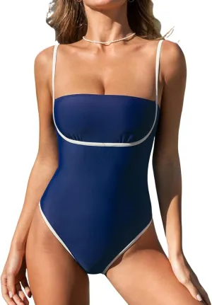 CUPSHE Women's One Piece Swimsuit Bathing Suit Square Neck Cutout Back Hook Color Block Cheeky Bottom