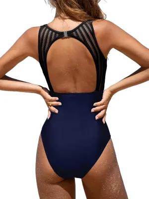CUPSHE Women's One Piece Swimsuit Bathing Suit Tummy Control High Neck Cutout Back Hook Mesh Swimwear