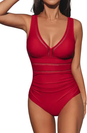 CUPSHE Women's One Piece Swimsuit Bathing Suit V Neck Adjustable Straps Ruched Mesh Back Hook