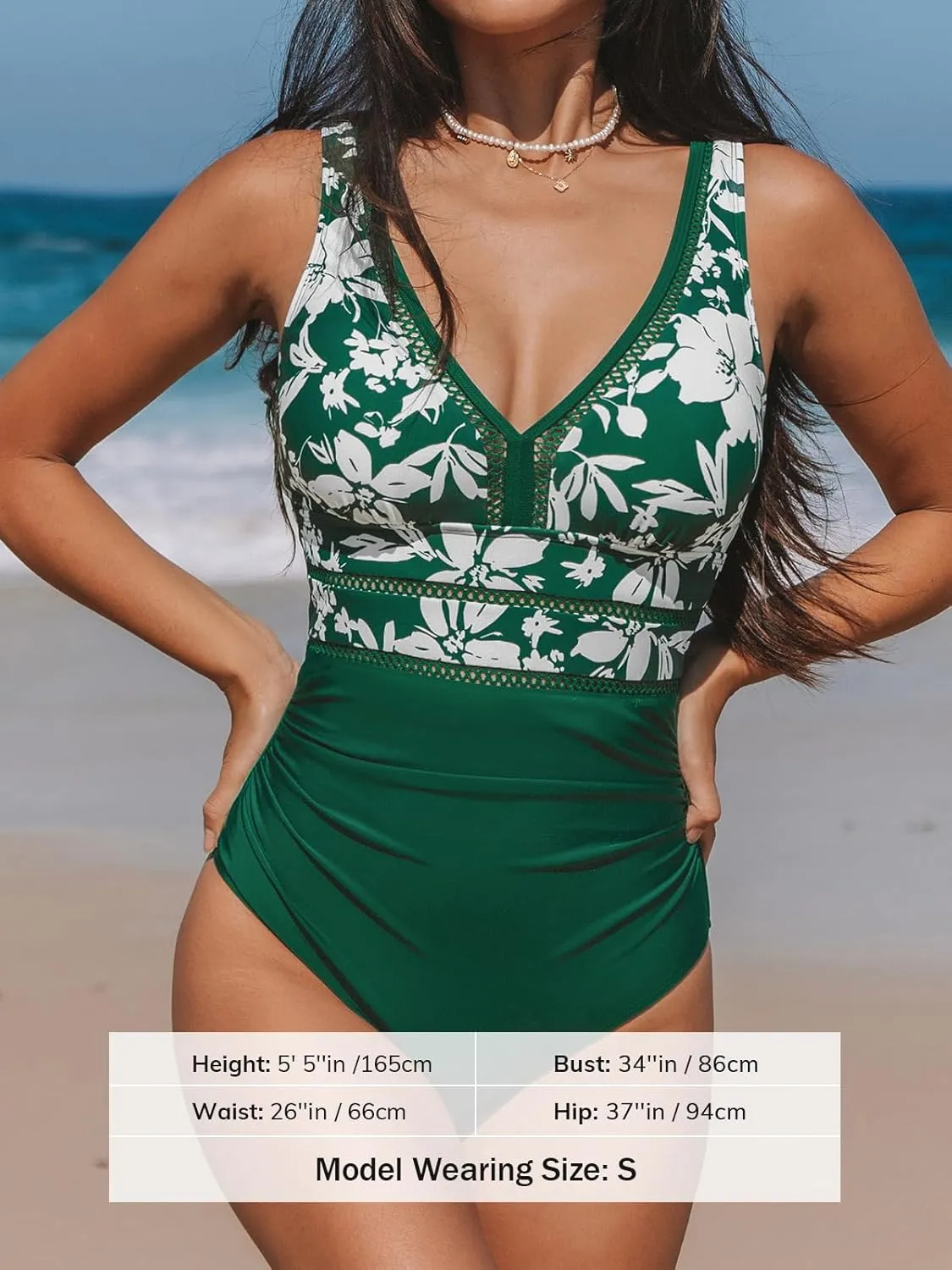 CUPSHE Women's One Piece Swimsuit Bathing Suit V Neck Adjustable Straps Ruched Mesh Back Hook