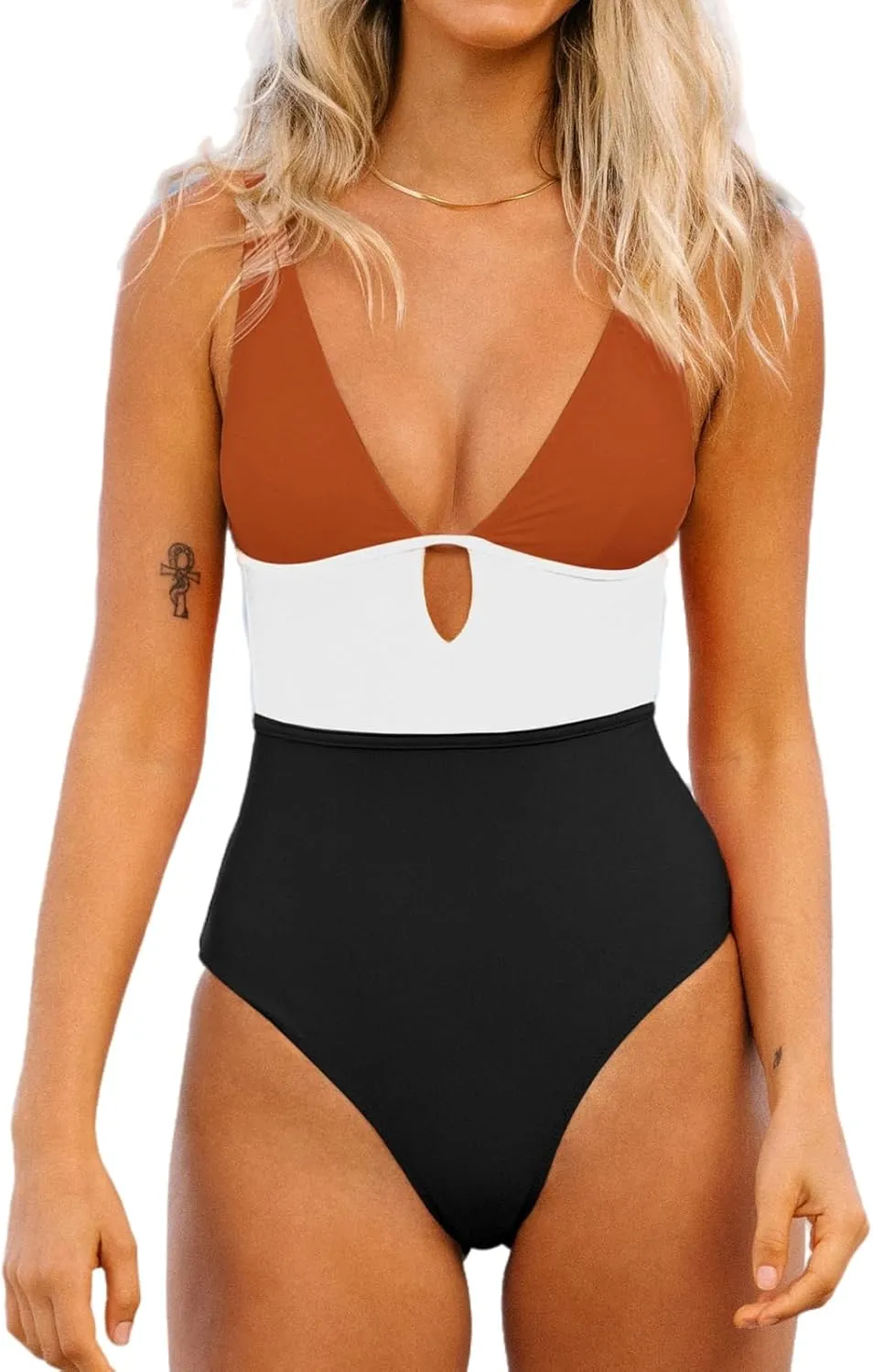 CUPSHE Women's One Piece Swimsuit Color Block Keyhole Cutout Bathing Suit