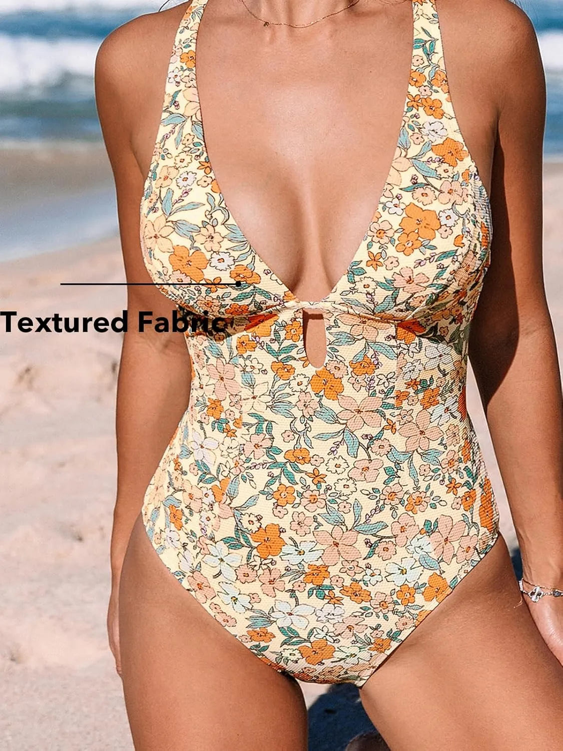 CUPSHE Women's One Piece Swimsuit Deep V Neck Keyhole Cutout O Ring Textured Bathing Suit