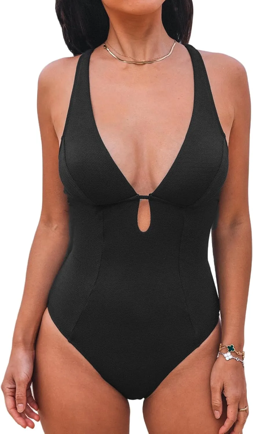 CUPSHE Women's One Piece Swimsuit Deep V Neck Keyhole Cutout O Ring Textured Bathing Suit