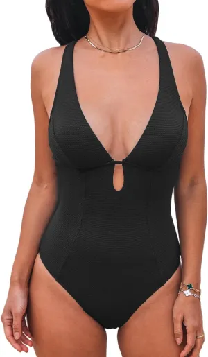 CUPSHE Women's One Piece Swimsuit Deep V Neck Keyhole Cutout O Ring Textured Bathing Suit