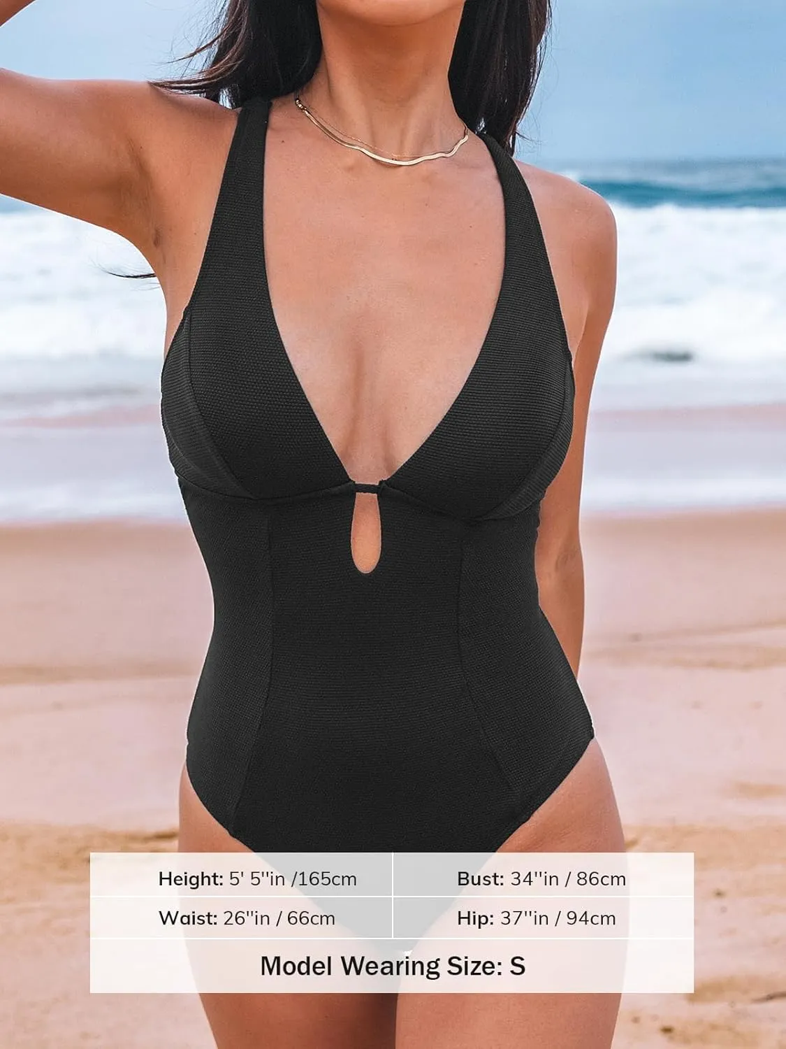 CUPSHE Women's One Piece Swimsuit Deep V Neck Keyhole Cutout O Ring Textured Bathing Suit