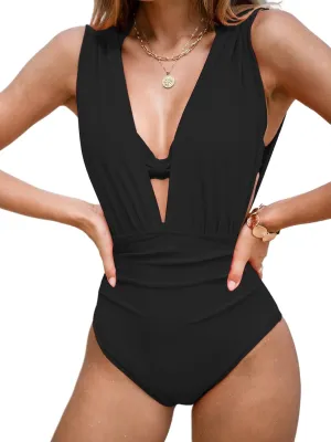 CUPSHE Women's One Piece Swimsuit Halter Plunging Neck Bathing Suit Wide Straps Underwire Ruched Back Hook