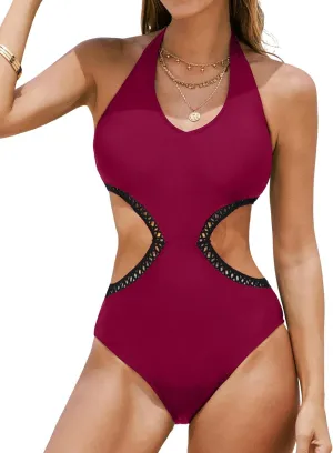 CUPSHE Women's One Piece Swimsuit Halter V Neck Side Cutout Monokini Bathing Suit Trapezoidal Lace Trim