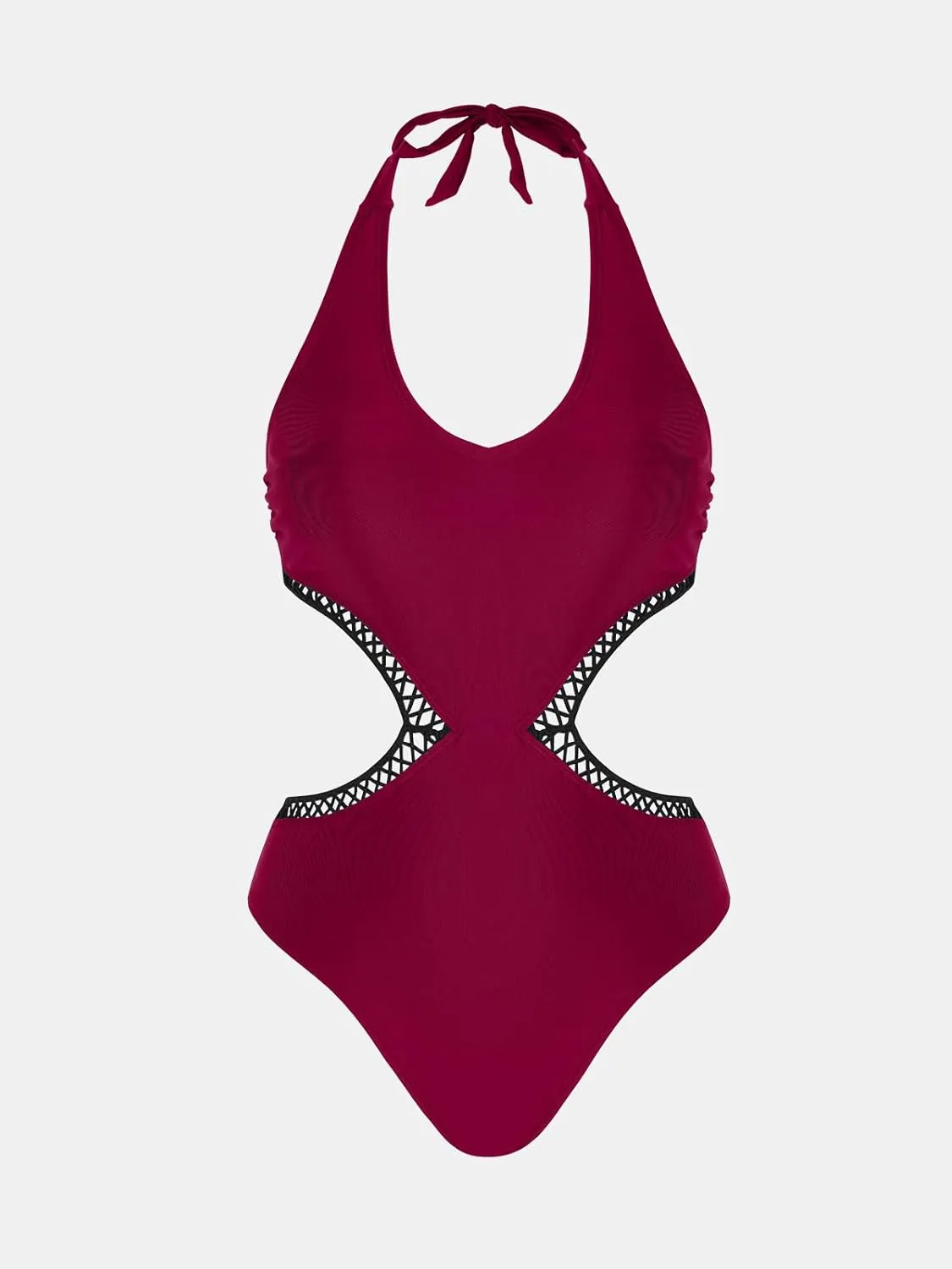 CUPSHE Women's One Piece Swimsuit Halter V Neck Side Cutout Monokini Bathing Suit Trapezoidal Lace Trim