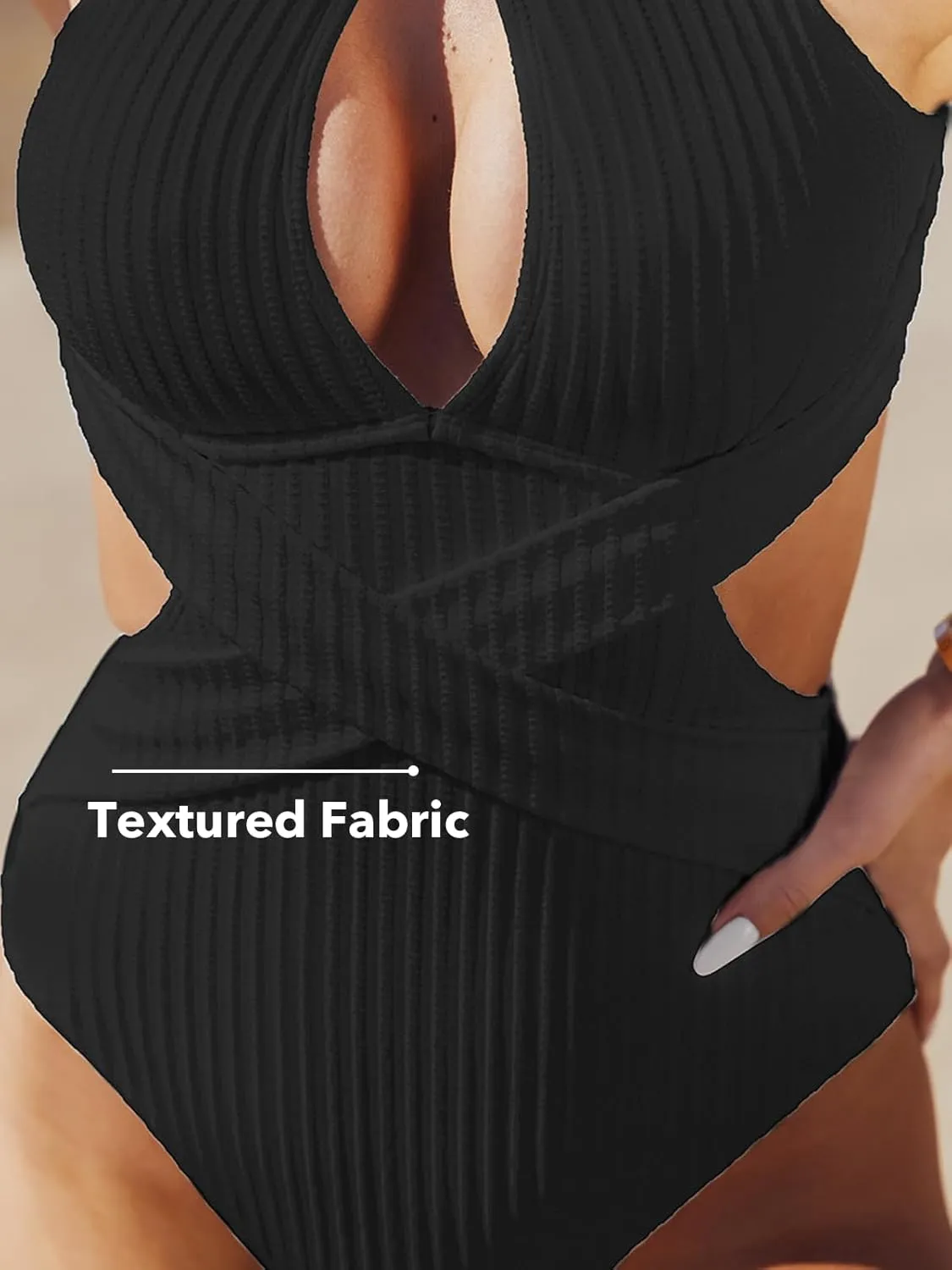 CUPSHE Women's One Piece Swimsuit High Neck Cutout Ribbed Texture Back Hook Hollow Wrapped