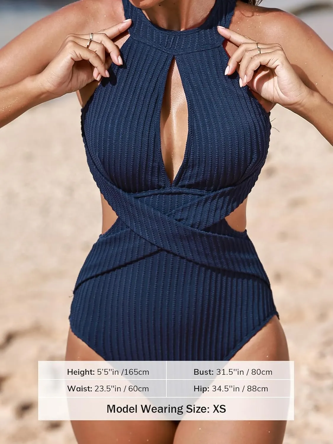 CUPSHE Women's One Piece Swimsuit High Neck Cutout Ribbed Texture Back Hook Hollow Wrapped