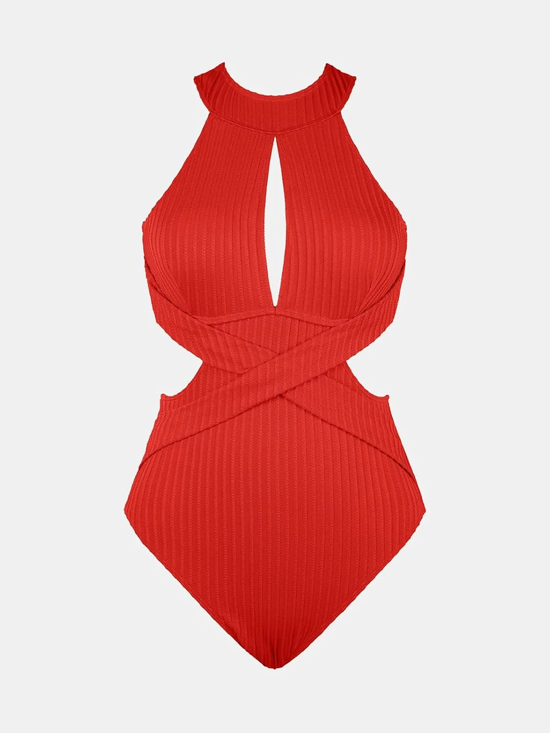 CUPSHE Women's One Piece Swimsuit High Neck Cutout Ribbed Texture Back Hook Hollow Wrapped