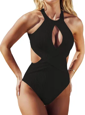CUPSHE Women's One Piece Swimsuit High Neck Cutout Ribbed Texture Back Hook Hollow Wrapped