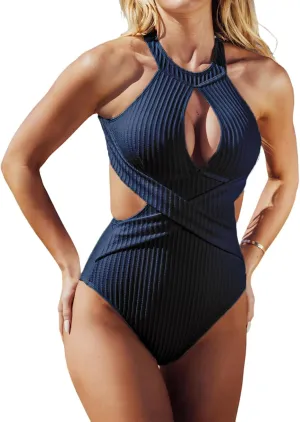 CUPSHE Women's One Piece Swimsuit High Neck Cutout Ribbed Texture Back Hook Hollow Wrapped