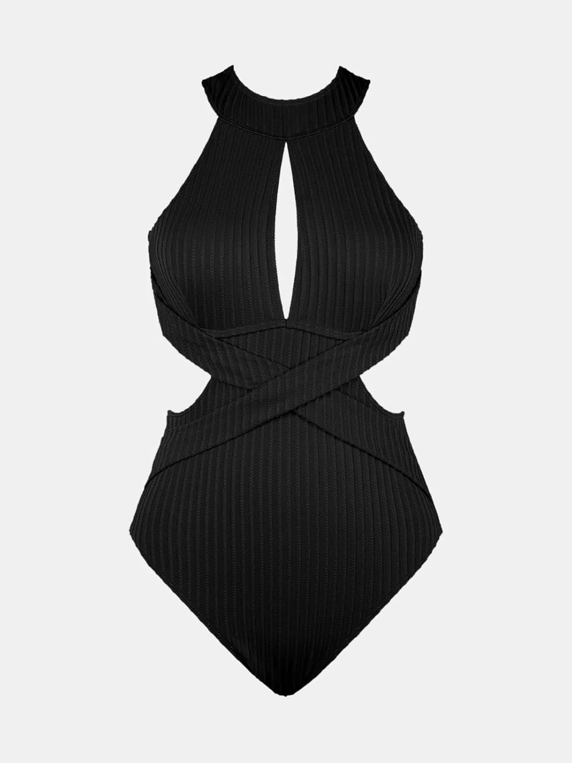 CUPSHE Women's One Piece Swimsuit High Neck Cutout Ribbed Texture Back Hook Hollow Wrapped