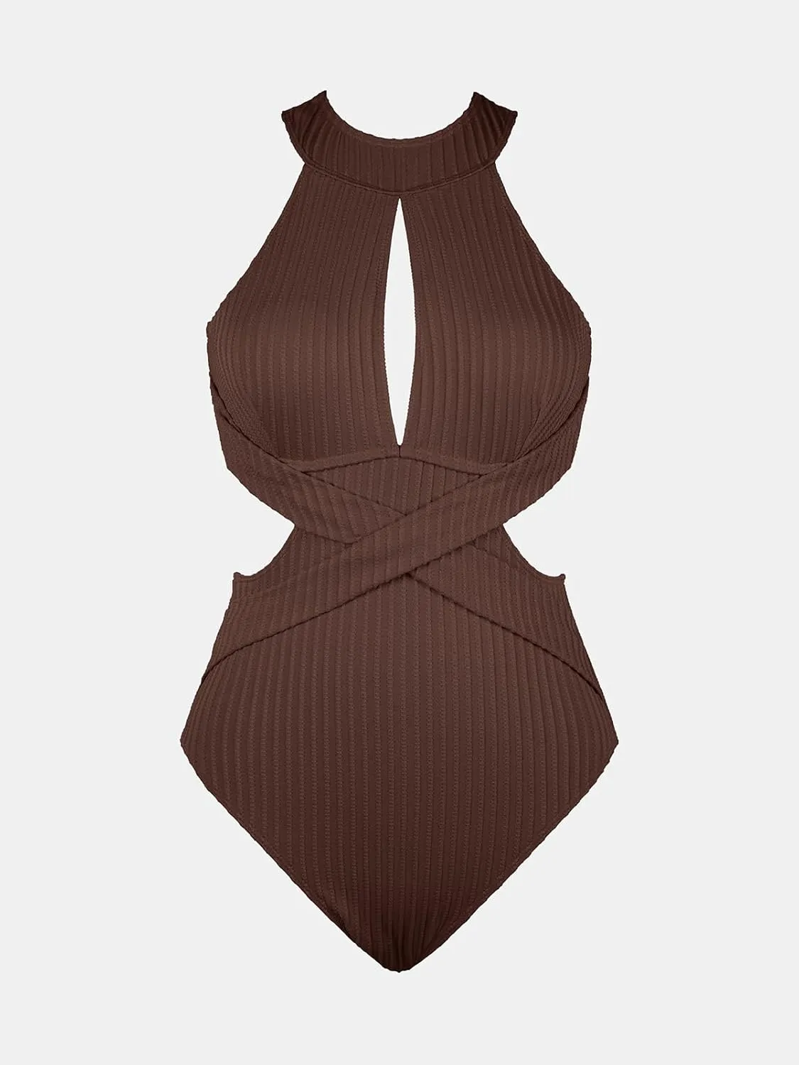 CUPSHE Women's One Piece Swimsuit High Neck Cutout Ribbed Texture Back Hook Hollow Wrapped